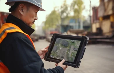 Engineer demonstrating the durability of Unione's GIS rugged tablet in an industrial environment