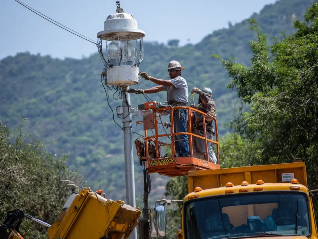 A man on a scissor lift positions a new LED street light in rural; blue sky, trees, yellow truck, crane, wires nearby.
