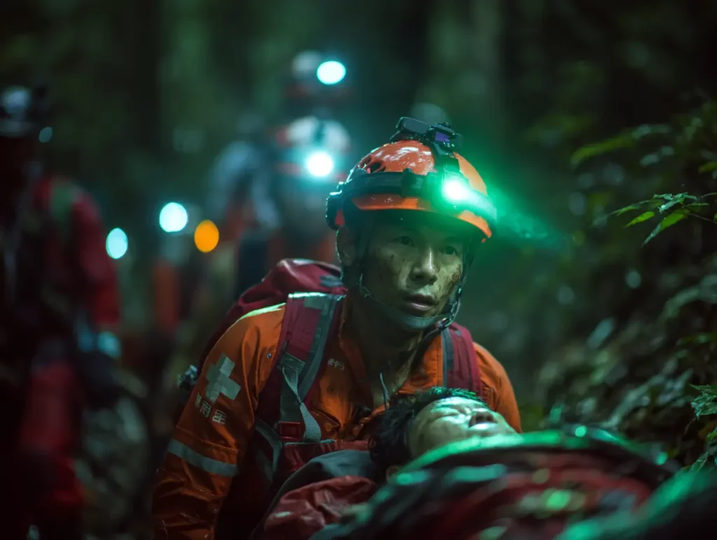Asian man in orange carries wounded