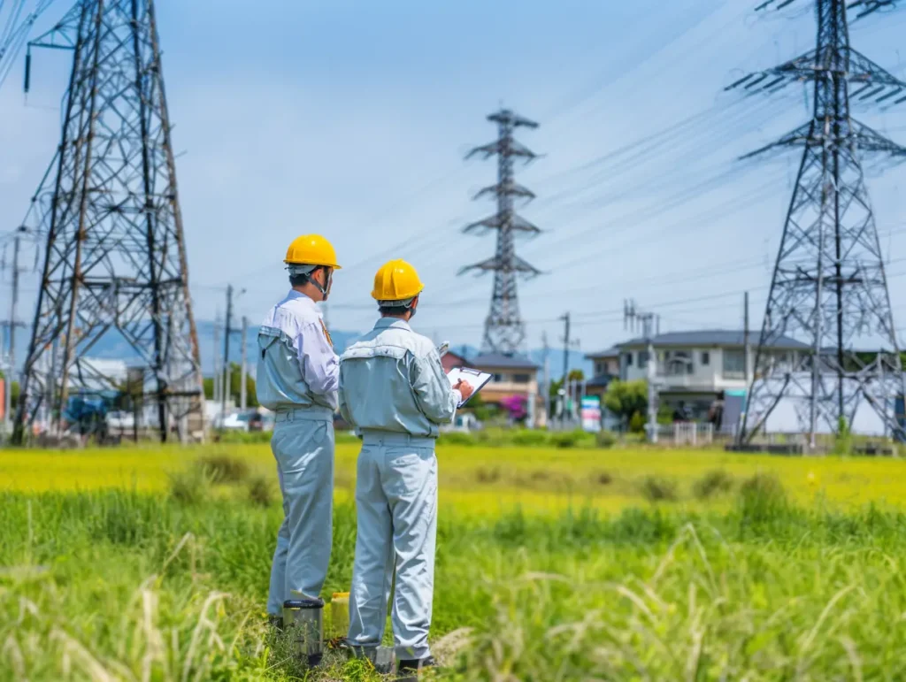 Two blue-clad, helmeted workers check high-voltage lines; one notes.